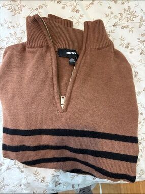 DKNY Rust Brown Half-Zip Sweater with Black Stripes